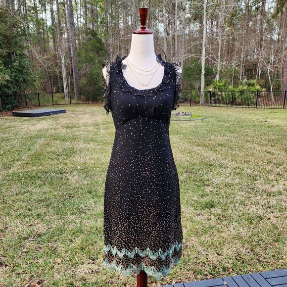 ANNA SUI | ANTHROPOLOGY 100% Silk Polkadot Midi Dress Size 2 Ruffle Sleeveless - Picture 3 of 14